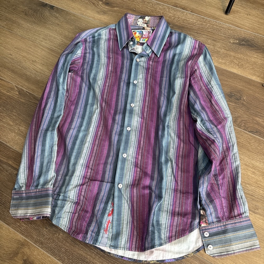 Robert Graham Striped Purple Blue Gray Long Sleeve Sport Shirt Medium
